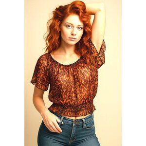 Ultra Pink Medium Sheer Flutter Sleeve Blouse Red Orange Abstract Dot Print Top